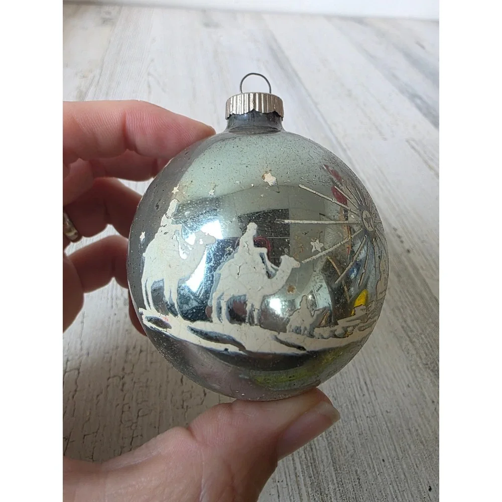 Vintage shiny Brite camel stencil Bethlehem star ornament glass Xmas tree